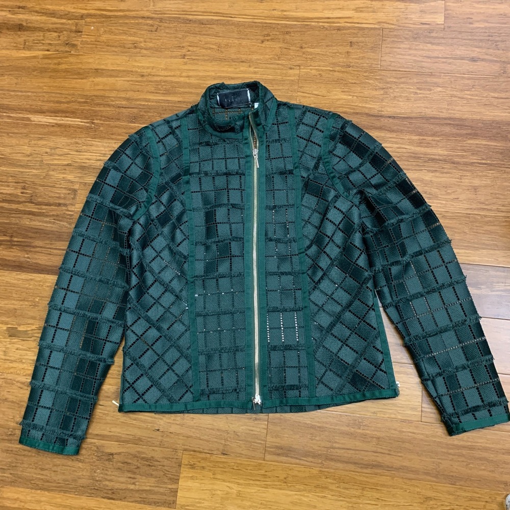Per Se Jacket Womens Size 2 Emerald Green Italian Lace Diamond Pattern Zip Front